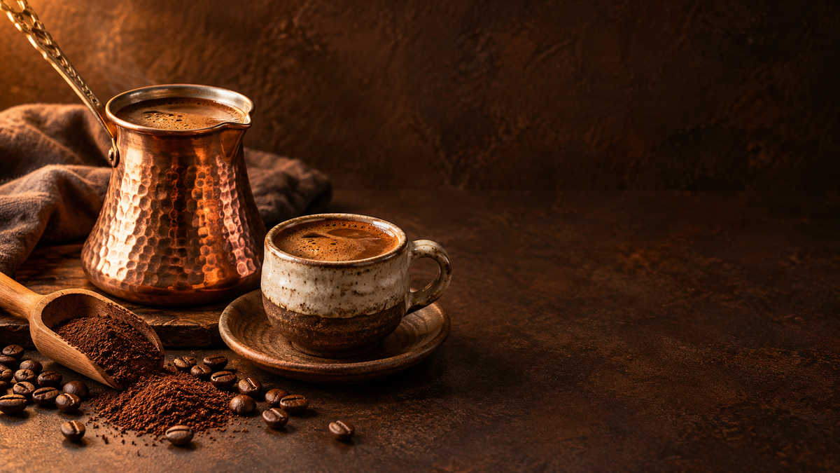 كنكة نحاس وفنجان قهوة تركية مع حبوب البن